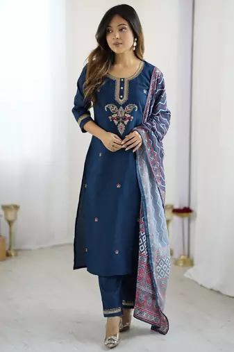 Women's navy blue chanderi silk sequin embroidered kurta pant set with printed muslin dupatta