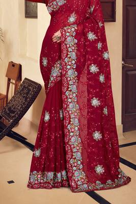 Maroon sequin zari resham stone embroidered georgette designer saree for women 4
