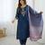 Women's navy blue chanderi silk sequin embroidered kurta pant set with printed muslin dupatta