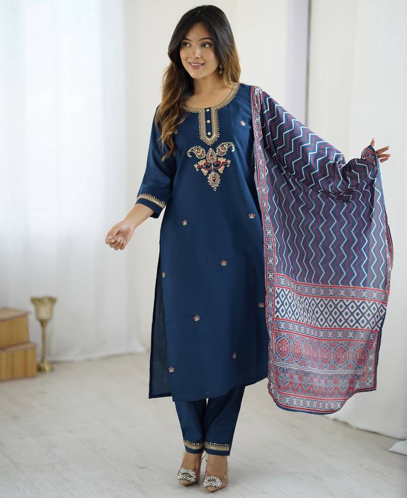 Women's navy blue chanderi silk sequin embroidered kurta pant set with printed muslin dupatta