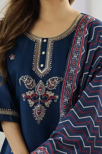 Women's navy blue chanderi silk sequin embroidered kurta pant set with printed muslin dupatta