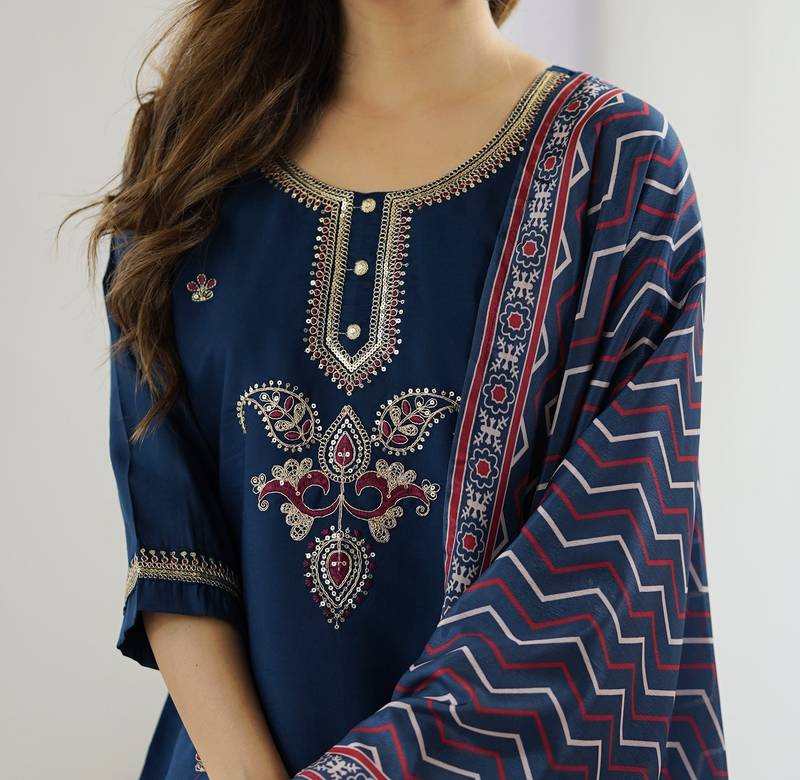 Women's navy blue chanderi silk sequin embroidered kurta pant set with printed muslin dupatta