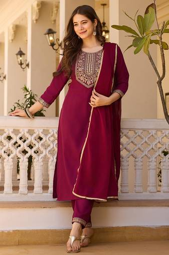 Women's maroon rayon sequin embroidered kurta pant set with solid chinon dupatta