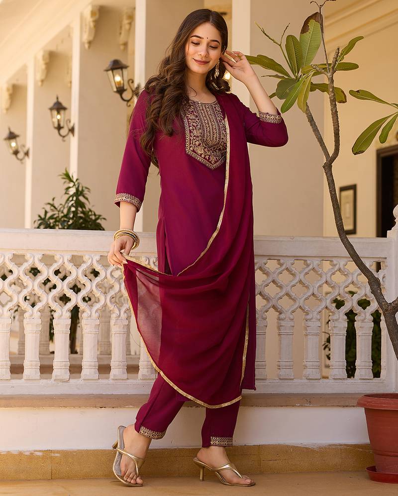 Women's maroon rayon sequin embroidered kurta pant set with solid chinon dupatta