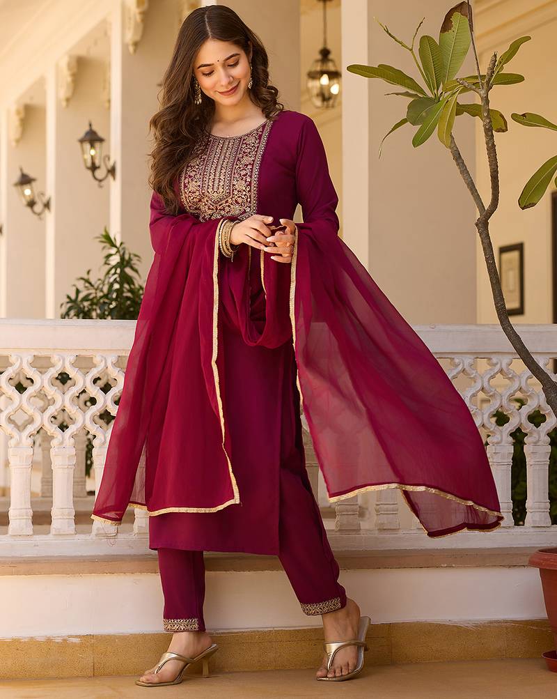 Women's maroon rayon sequin embroidered kurta pant set with solid chinon dupatta