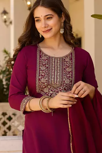 Women's maroon rayon sequin embroidered kurta pant set with solid chinon dupatta