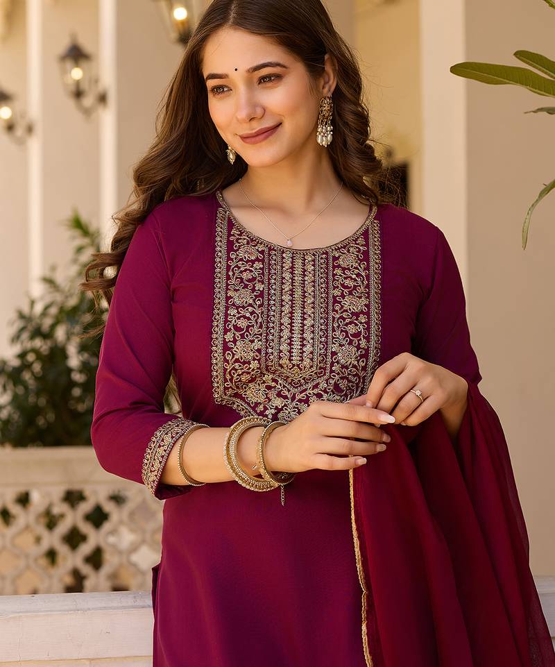 Women's maroon rayon sequin embroidered kurta pant set with solid chinon dupatta