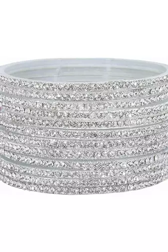 Nvr women's set of 12 zircon gemstone studded stylish silver plated bangles
