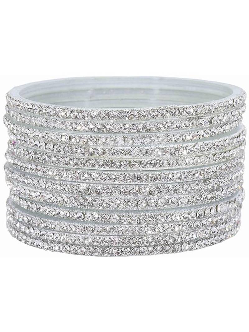 Nvr women's set of 12 zircon gemstone studded stylish silver plated bangles