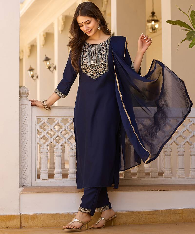 Women's navy rayon sequin embroidered kurta pant set with solid chinon dupatta