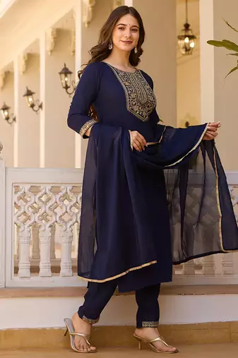 Women's navy rayon sequin embroidered kurta pant set with solid chinon dupatta