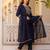 Women's navy rayon sequin embroidered kurta pant set with solid chinon dupatta