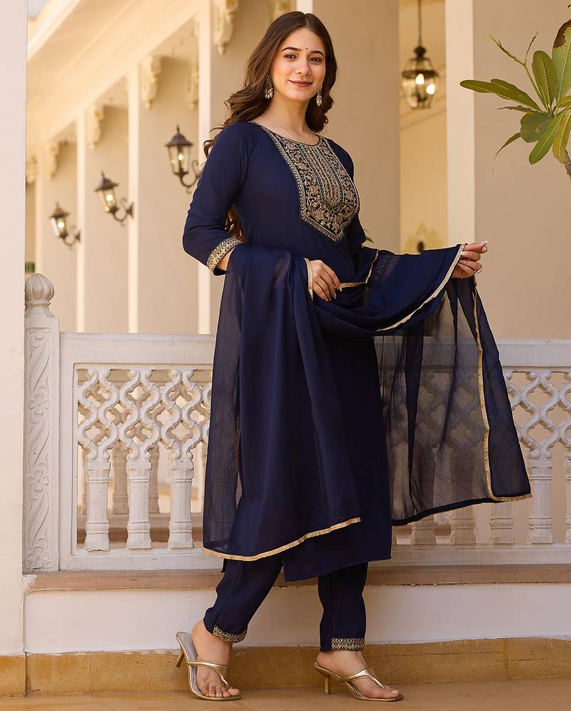 Women's navy rayon sequin embroidered kurta pant set with solid chinon dupatta