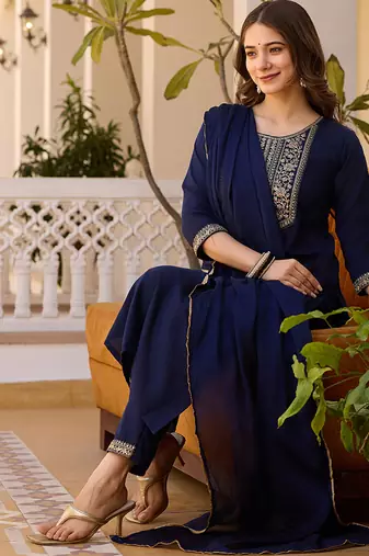 Women's navy rayon sequin embroidered kurta pant set with solid chinon dupatta