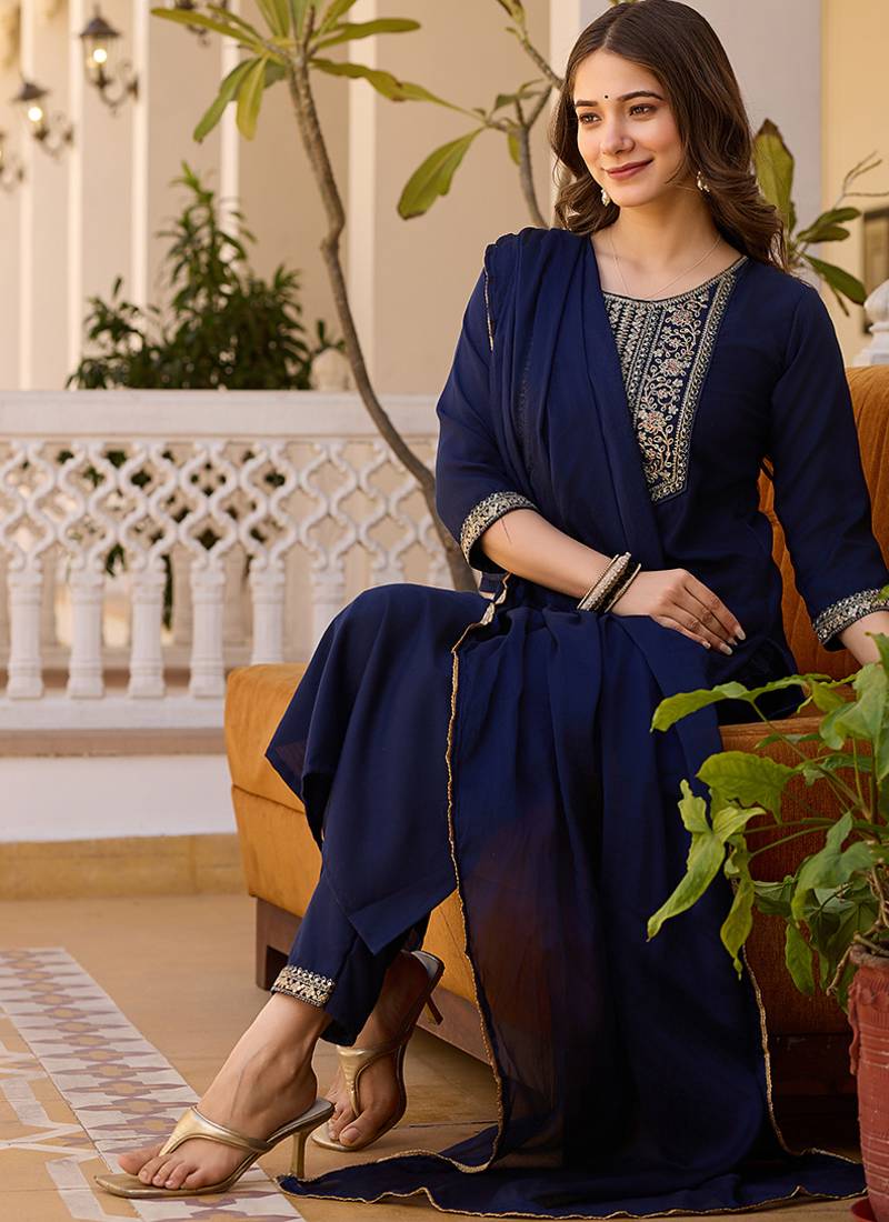 Women's navy rayon sequin embroidered kurta pant set with solid chinon dupatta