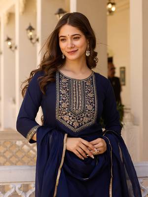 Women's navy rayon sequin embroidered kurta pant set with solid chinon dupatta 5