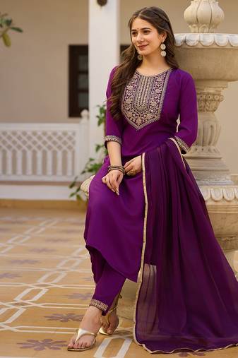 Women's purple rayon sequin embroidered kurta pant set with solid chinon dupatta