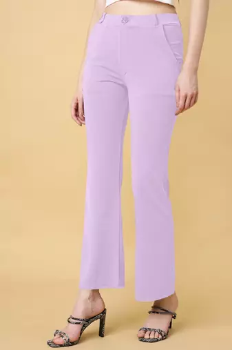 Women solid lavender regular fit mid-rise flat front trousers