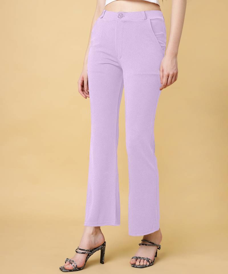 Women solid lavender regular fit mid-rise flat front trousers