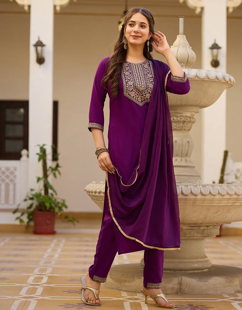 Women's purple rayon sequin embroidered kurta pant set with solid chinon dupatta