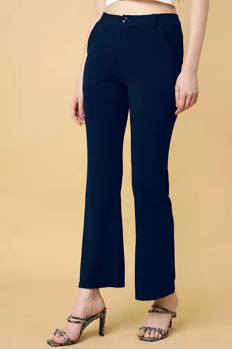Women solid navy blue regular fit mid-rise flat front trousers