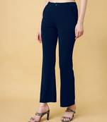 Women solid navy blue regular fit mid-rise flat front trousers
