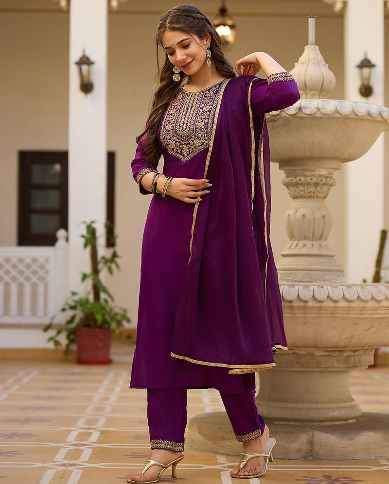 Women's purple rayon sequin embroidered kurta pant set with solid chinon dupatta