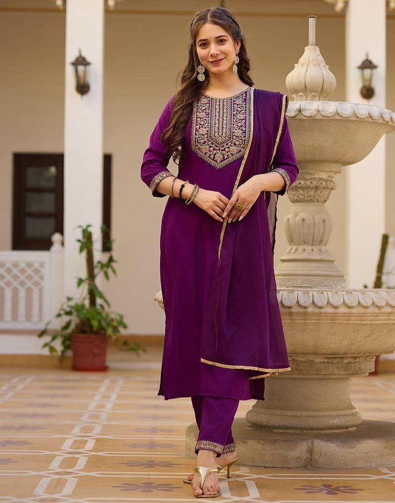 Women's purple rayon sequin embroidered kurta pant set with solid chinon dupatta