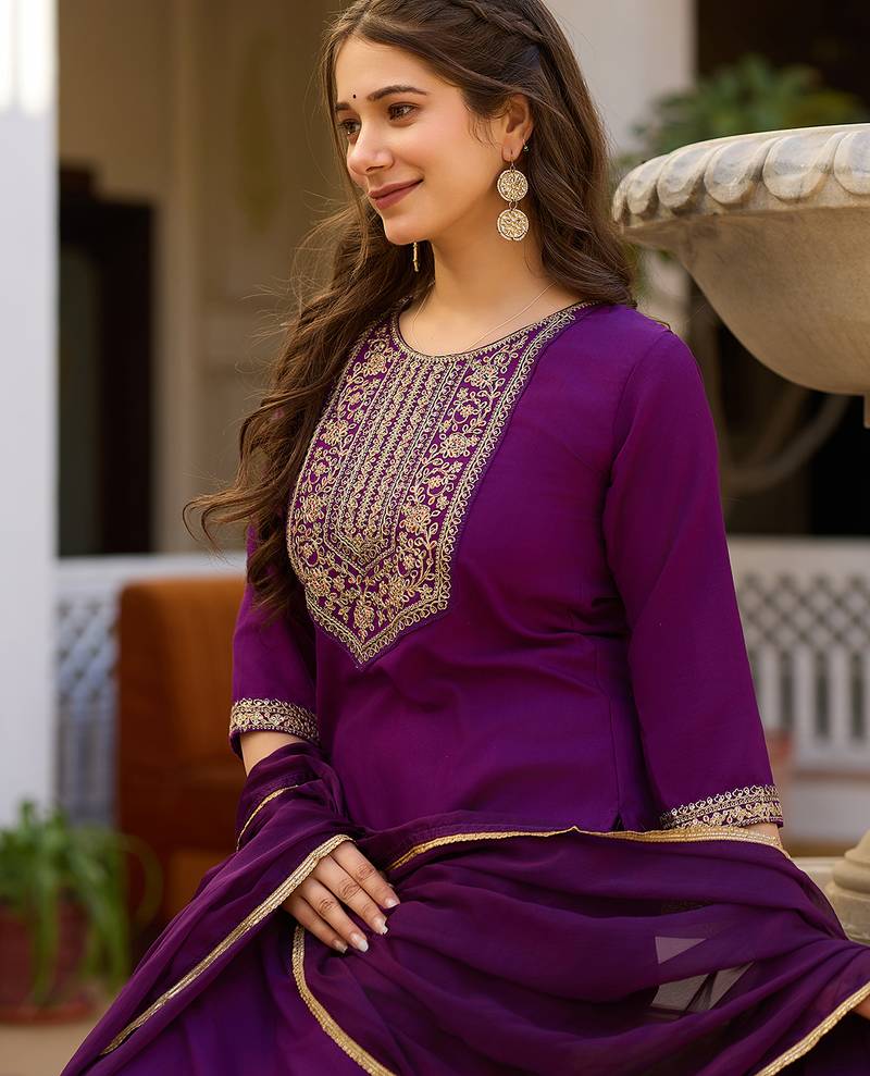 Women's purple rayon sequin embroidered kurta pant set with solid chinon dupatta