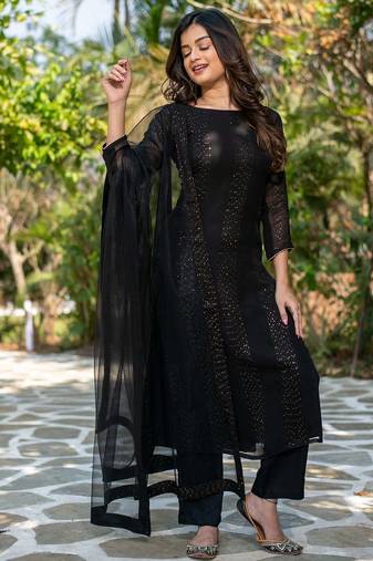 Women's black faux georgette sequin embroidered kurta pant set with net dupatta