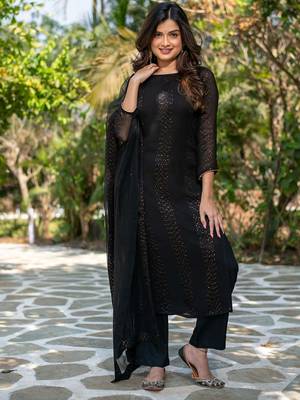 Women's black faux georgette sequin embroidered kurta pant set with net dupatta 2