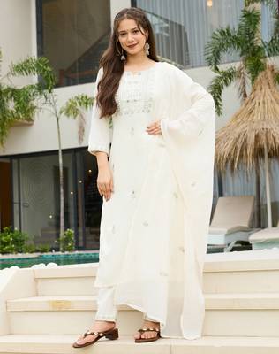 Women's white rayon slub sequin embroidered kurta pant set with chanderi dupatta 1