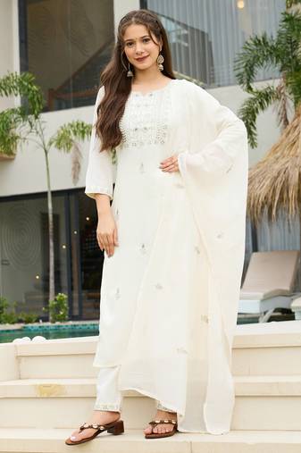 Women's white rayon slub sequin embroidered kurta pant set with chanderi dupatta