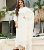 Women's white rayon slub sequin embroidered kurta pant set with chanderi dupatta