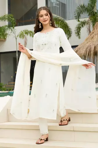 Women's white rayon slub sequin embroidered kurta pant set with chanderi dupatta