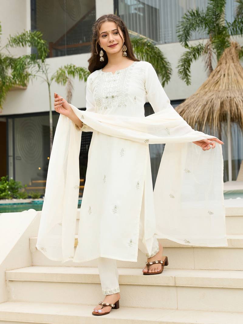 Women's white rayon slub sequin embroidered kurta pant set with chanderi dupatta