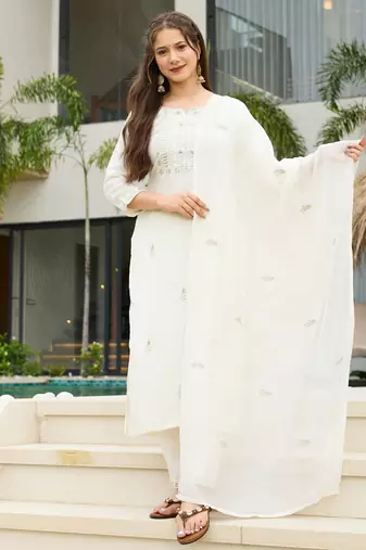 Women's white rayon slub sequin embroidered kurta pant set with chanderi dupatta