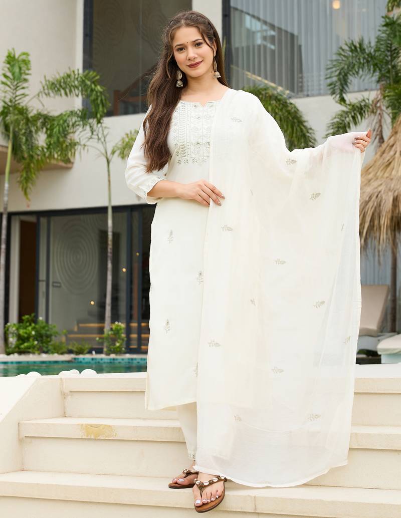 Women's white rayon slub sequin embroidered kurta pant set with chanderi dupatta