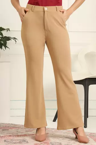 Women solid beige regular fit mid-rise flat front trousers