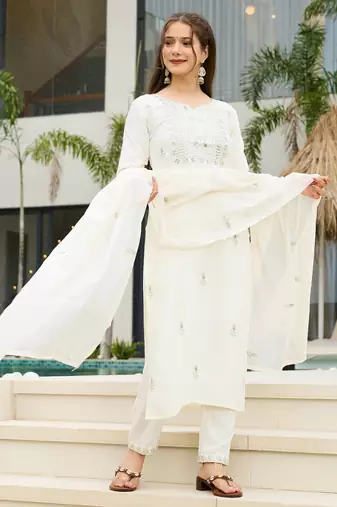 Women's white rayon slub sequin embroidered kurta pant set with chanderi dupatta
