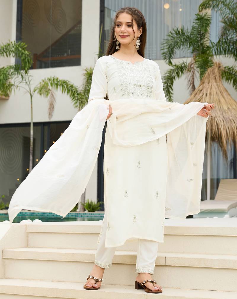 Women's white rayon slub sequin embroidered kurta pant set with chanderi dupatta