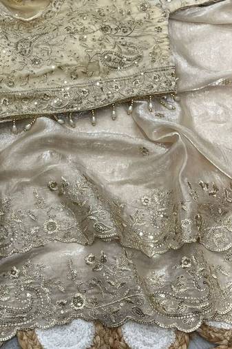 White Color Embroidery sequence work heavy border Satin Saree