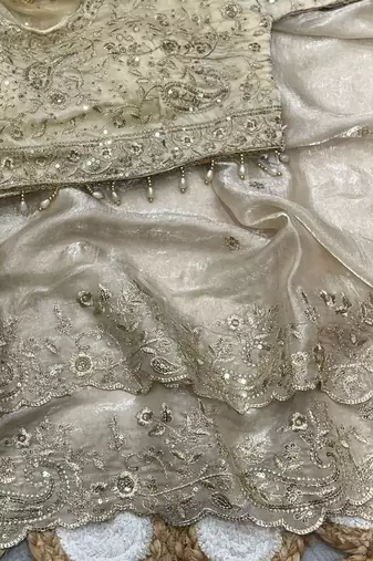 White Color Embroidery sequence work heavy border Satin Saree