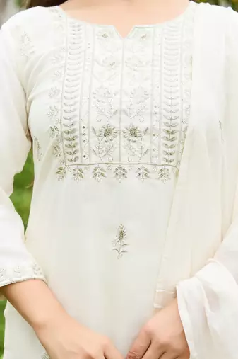 Women's white rayon slub sequin embroidered kurta pant set with chanderi dupatta