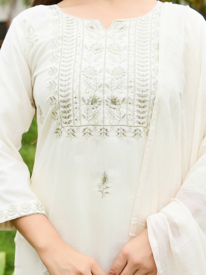 Women's white rayon slub sequin embroidered kurta pant set with chanderi dupatta