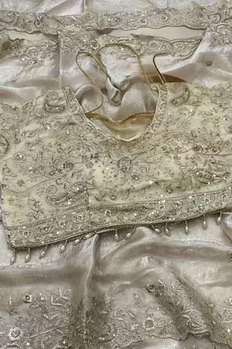 White Color Embroidery sequence work heavy border Satin Saree