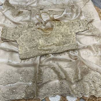 White Color Embroidery sequence work heavy border Satin Saree 3