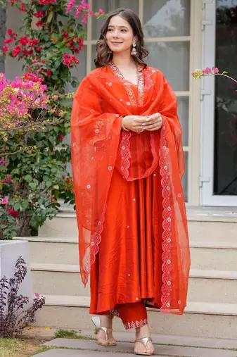 Women's orange viscose chanderi sequin embroidered kurta pant set with chanderi dupatta