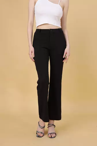 Women solid black regular fit mid-rise flat front trousers