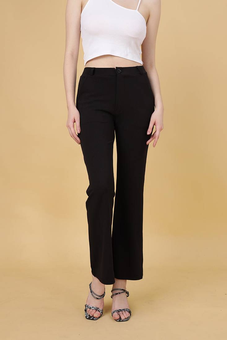 Women solid black regular fit mid-rise flat front trousers